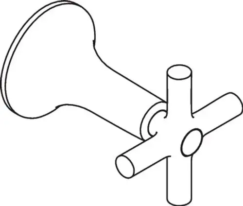 Griff von AXOR mit einem runden, flachen Kopf und einem kreuzförmigen Bedienhebel, geeignet für Armaturen. Schwarz-weiße Linienzeichnung ohne weitere Details.